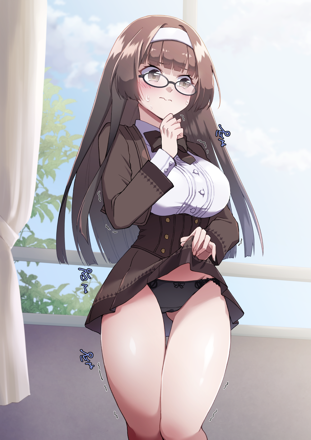 1girl ass_visible_through_thighs averting_eyes black_panties blue_sky blunt_bangs blush bow bow_panties bowtie breasts brown_bow brown_bowtie brown_eyes brown_hair brown_jacket brown_skirt buttons cameltoe clenched_hand closed_mouth clothes_lift collared_shirt commentary_request commission corset cropped_jacket curtains day embarrassed flashing hairband hand_to_own_mouth hand_up have_to_pee highres indoors jacket laaapie large_breasts lifted_by_self long_hair long_sleeves looking_to_the_side miniskirt nervous open_clothes open_jacket original panties pleated_skirt school_uniform shiny_skin shirt sidelocks skeb_commission skirt skirt_lift sky solo split_mouth standing sweat thigh_gap thighs translation_request trembling underwear wavy_mouth white_hairband white_shirt window