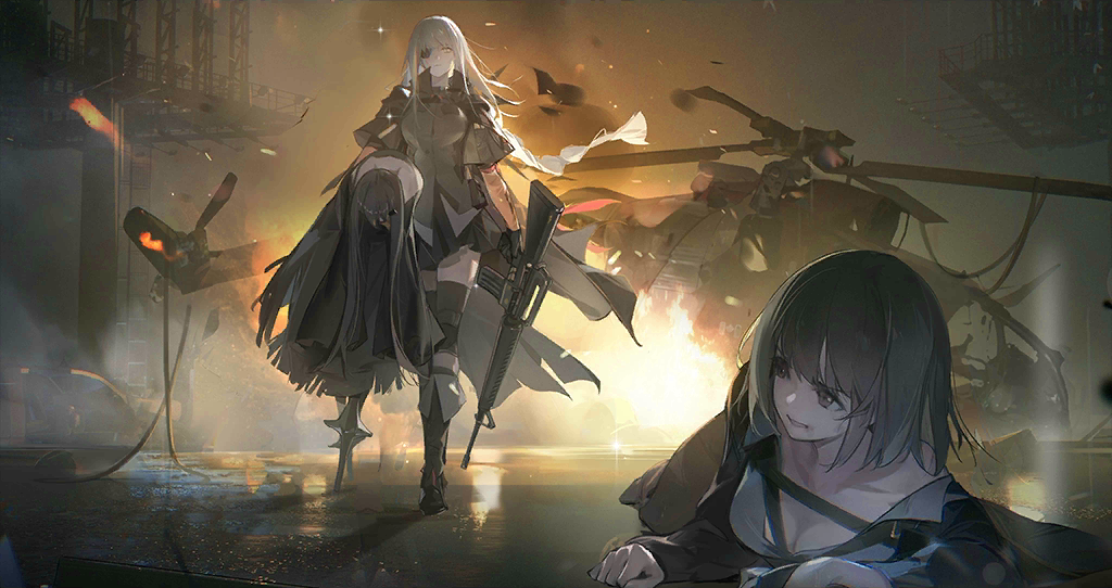 3girls aircraft artist_request assault_rifle black_gloves black_hair braid breasts carrying carrying_under_arm cleavage clenched_teeth crash dandelion_(girls'_frontline) embers eyepatch fire game_cg girls'_frontline gloves gun helicopter holding holding_gun holding_weapon jacket large_breasts long_hair looking_back lying m16 m16a1 m16a1_(boss)_(girls'_frontline) m16a1_(girls'_frontline) medium_hair morridow_(boss)_(girls'_frontline) morridow_(girls'_frontline) multiple_girls no_feet nyto_(girls'_frontline) official_art on_ground on_side paradeus rifle sangvis_ferri shadow shirt skirt spoilers teeth third-party_source unconscious very_long_hair walking weapon wet_floor white_hair yellow_eyes