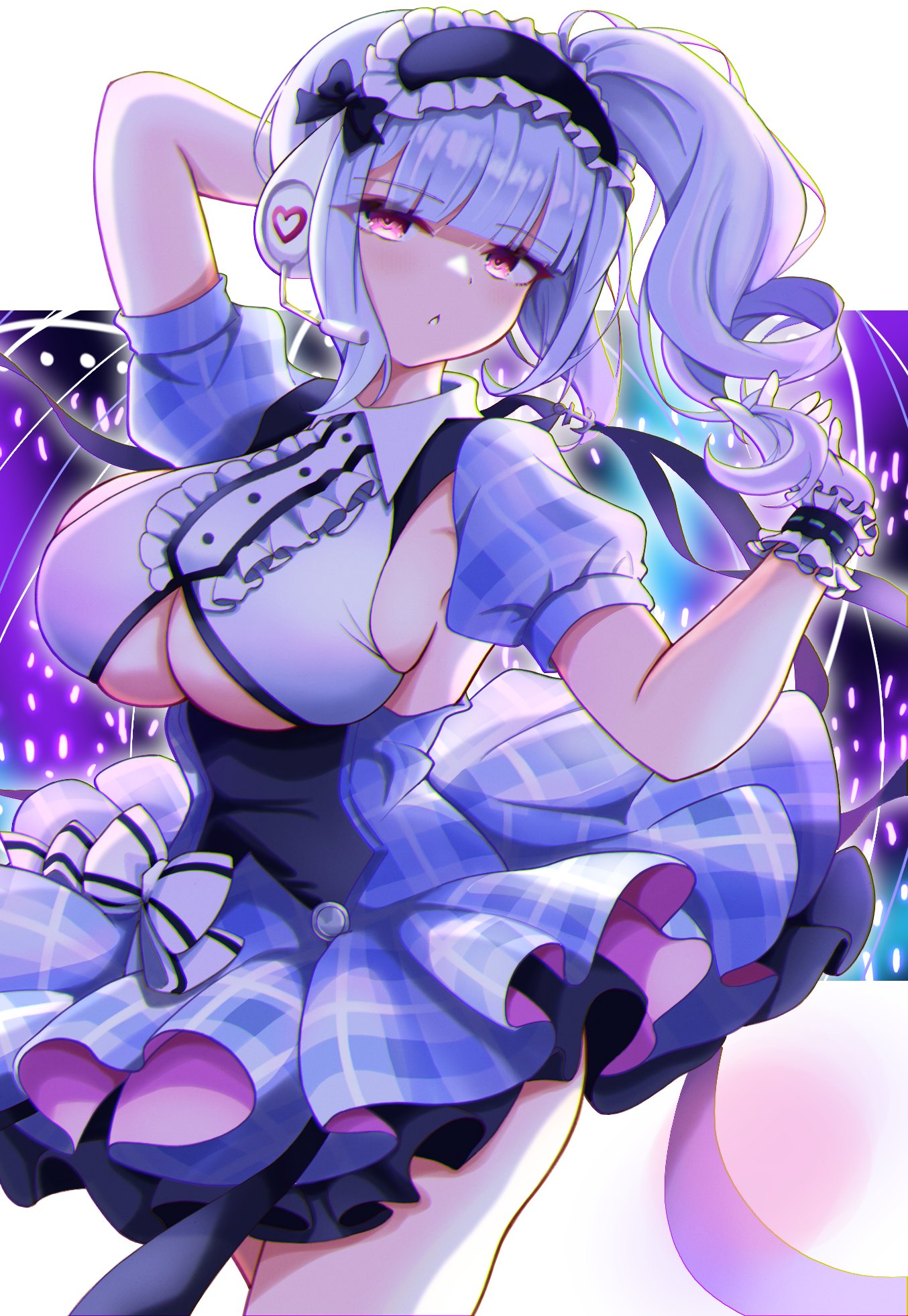 1girl arm_behind_head azur_lane blue_hair blunt_bangs blush breasts center_frills clothing_cutout commentary_request dido_(azur_lane) dido_(muse)_(azur_lane) framed_breasts frilled_hairband frills gloves glowstick hairband hands_up headset highres idol idol_clothes kokonoe910 large_breasts long_hair looking_at_viewer maid_headdress official_alternate_costume parted_lips pink_eyes puffy_short_sleeves puffy_sleeves short_sleeves side_ponytail solo stage underboob underboob_cutout white_gloves wrist_cuffs