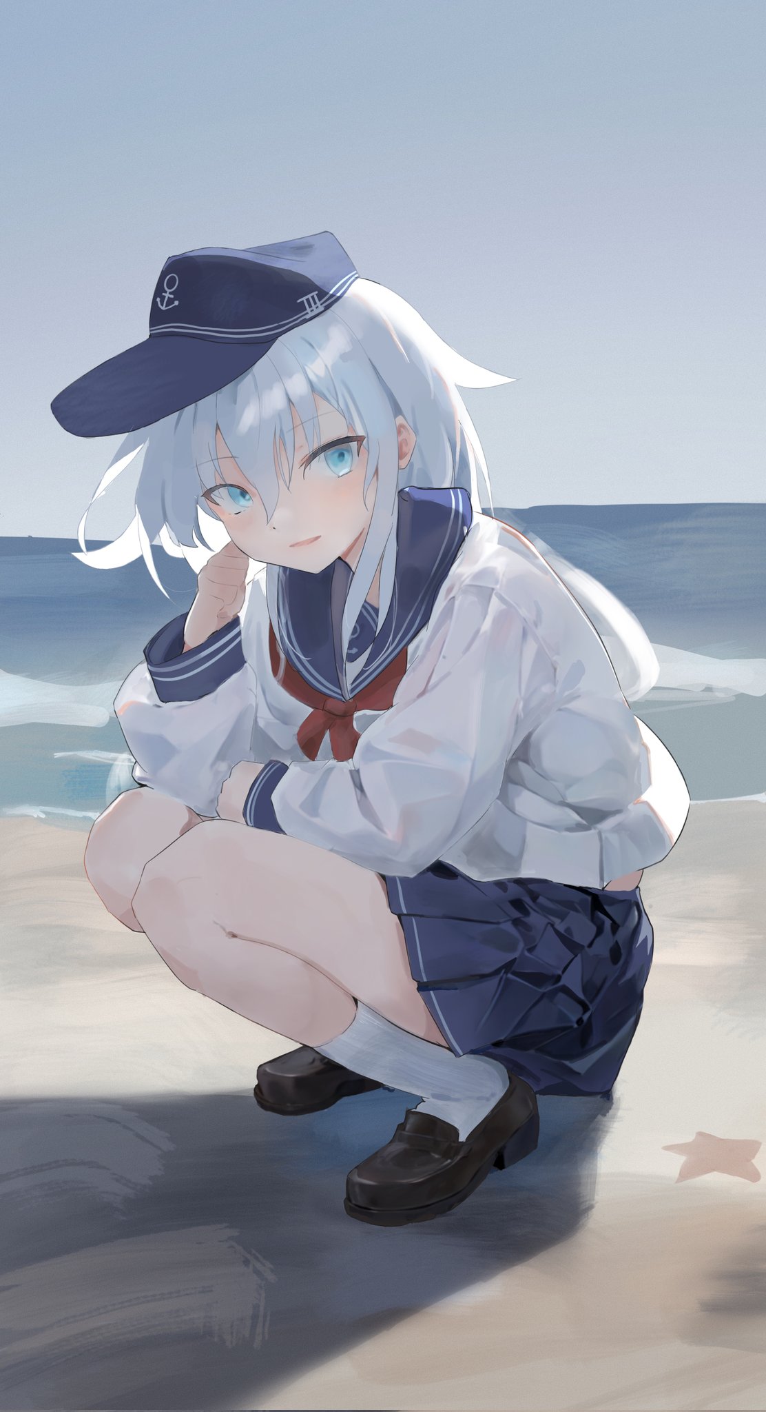 1girl aqua_eyes blue_headwear blue_sailor_collar blue_skirt day flat_cap hair_between_eyes hat hibiki_(kancolle) highres kantai_collection loafers long_hair long_sleeves looking_at_viewer mei_namene neckerchief outdoors parted_lips pleated_skirt red_neckerchief sailor_collar school_uniform serafuku shoes skirt sky socks solo squatting starfish white_hair white_socks