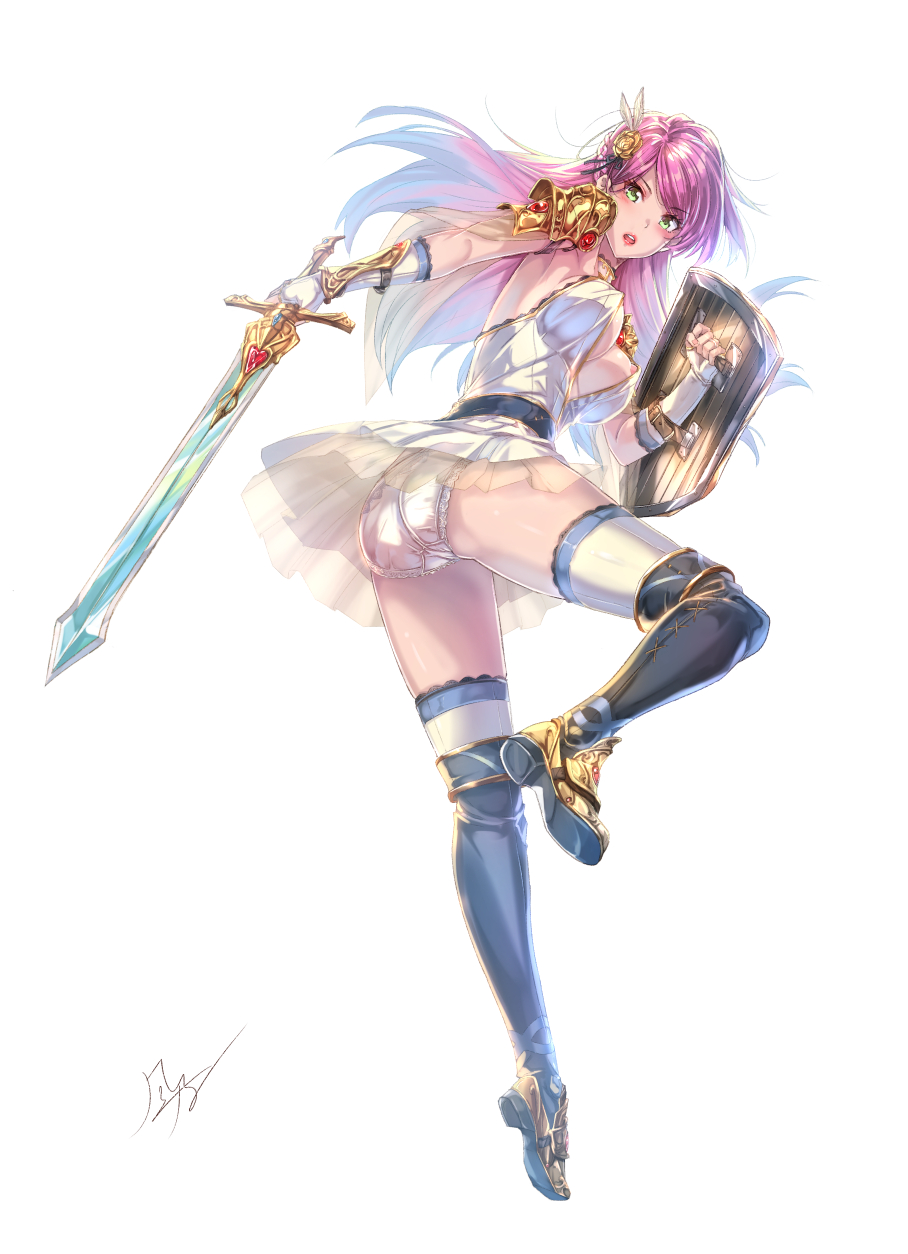 1girl arm_shield armor boots breasts fingerless_gloves gloves green_eyes hair_ornament highres holding holding_sword holding_weapon kazeno large_breasts long_hair nipple_slip nipples no_bra original panties pink_hair shoulder_armor solo sword thighhighs thighhighs_under_boots underwear weapon white_background white_gloves white_panties white_thighhighs