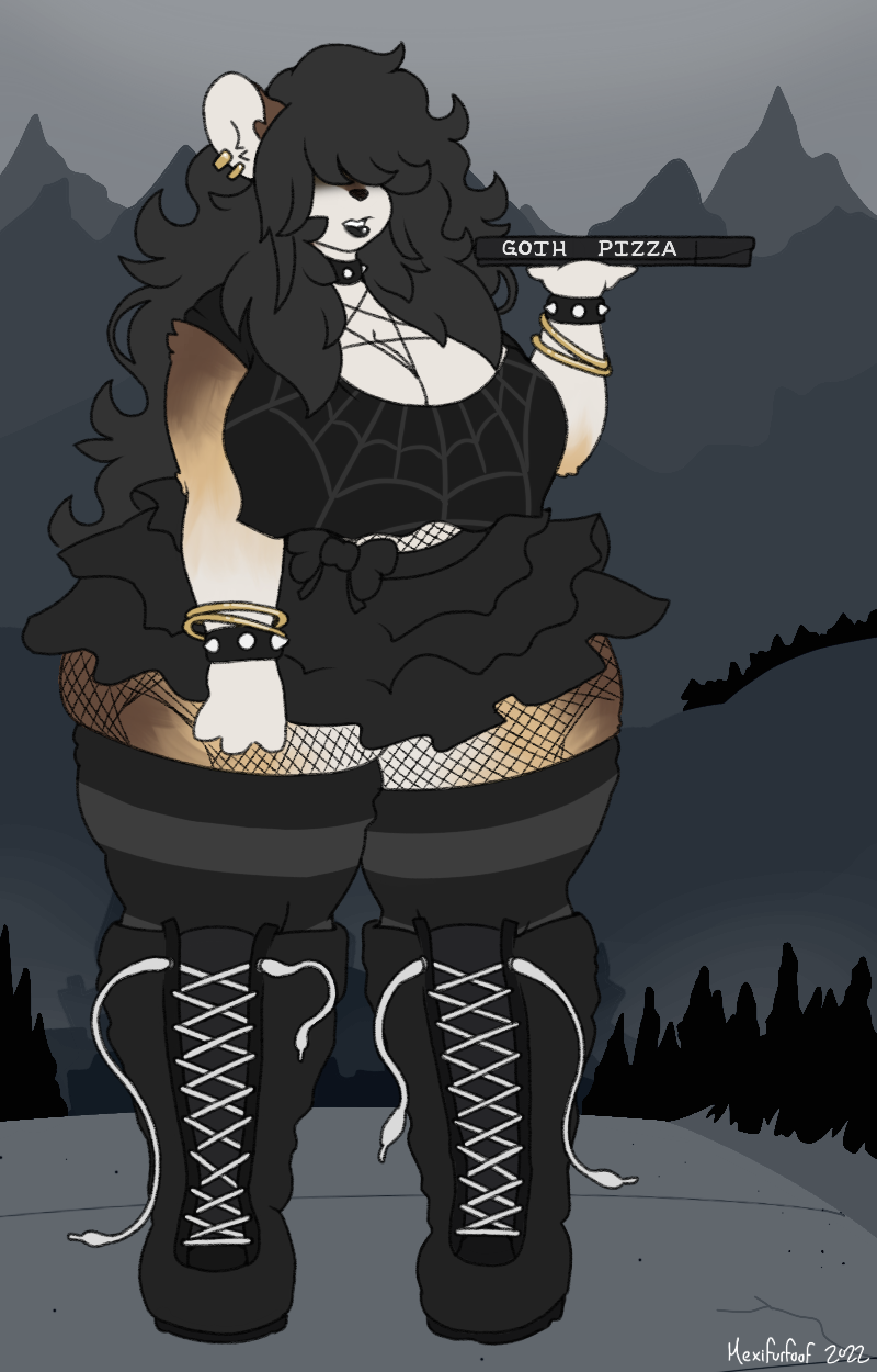 anthro belly big_breasts biped black_hair black_lips boots bottomwear bracelet breasts clothed clothing collar covered_eyes cricetid curvy_figure delivery_(commerce) delivery_employee digital_drawing_(artwork) digital_media_(artwork) ear_piercing english_text female footwear fur georgie_(mexifurfoof) goth hair hair_over_eye hamster hi_res jewelry legwear lips long_hair mammal messy_hair mexifurfoof one_eye_obstructed overweight piercing pizza_box rodent skirt solo spiked_bracelet spiked_collar spikes text thick_thighs thigh_highs voluptuous wide_hips