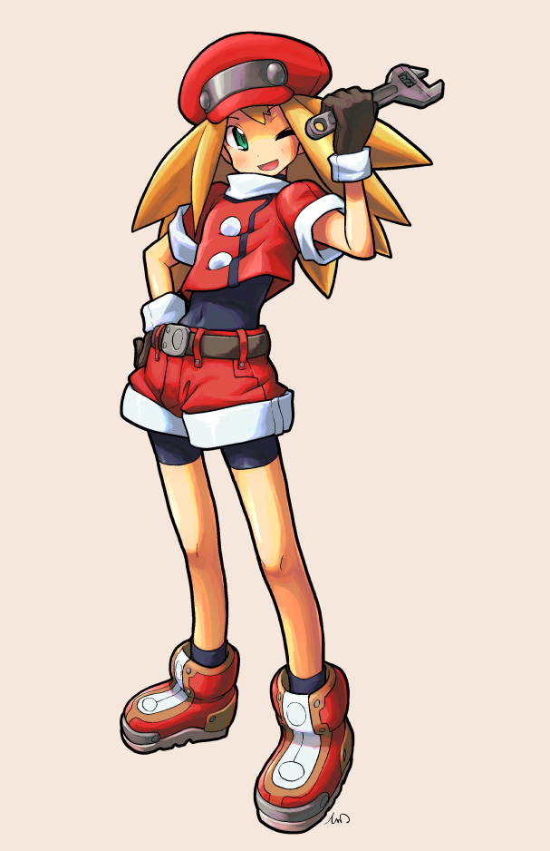 1girl belt bike_shorts bike_shorts_under_shorts blonde_hair border brown_belt cabbie_hat covered_navel cropped_jacket dot_nose full_body green_eyes hat holding holding_wrench jacket long_hair mega_man_(series) mega_man_legends one_eye_closed open_mouth red_footwear red_headwear red_jacket red_shorts roll_caskett_(mega_man) shorts solo spandex tessaku_ro white_border wrench