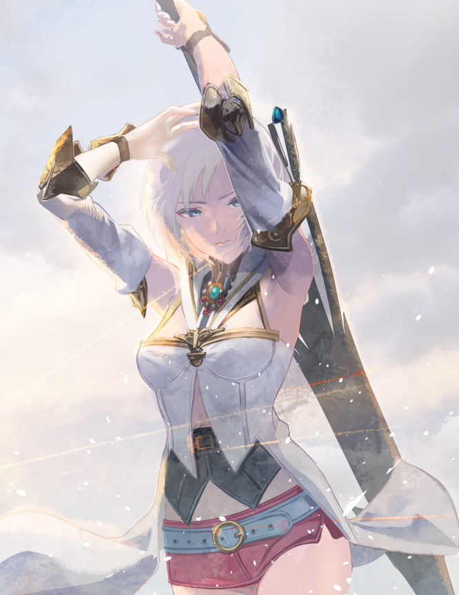 1girl armor ashelia_b'nargin_dalmasca belt blonde_hair breasts closed_mouth cofffee detached_sleeves final_fantasy final_fantasy_xii holding holding_sword holding_weapon looking_at_viewer miniskirt short_hair skirt solo sword thighhighs weapon