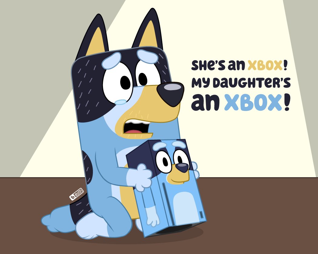 2023 4_fingers anthro australian_cattle_dog bandit_heeler biped black_markings black_nose black_text blue_body blue_fur blue_text bluey_(series) bluey_heeler bodily_fluids canid canine canis cattledog colored crying dialogue digital_drawing_(artwork) digital_media_(artwork) domestic_dog duo english_text exclamation_point female fingers fur green_text herding_dog judacris kneeling male mammal markings microsoft open_mouth pastoral_dog tan_markings tears teeth text xbox xbox_game_studios xbox_s