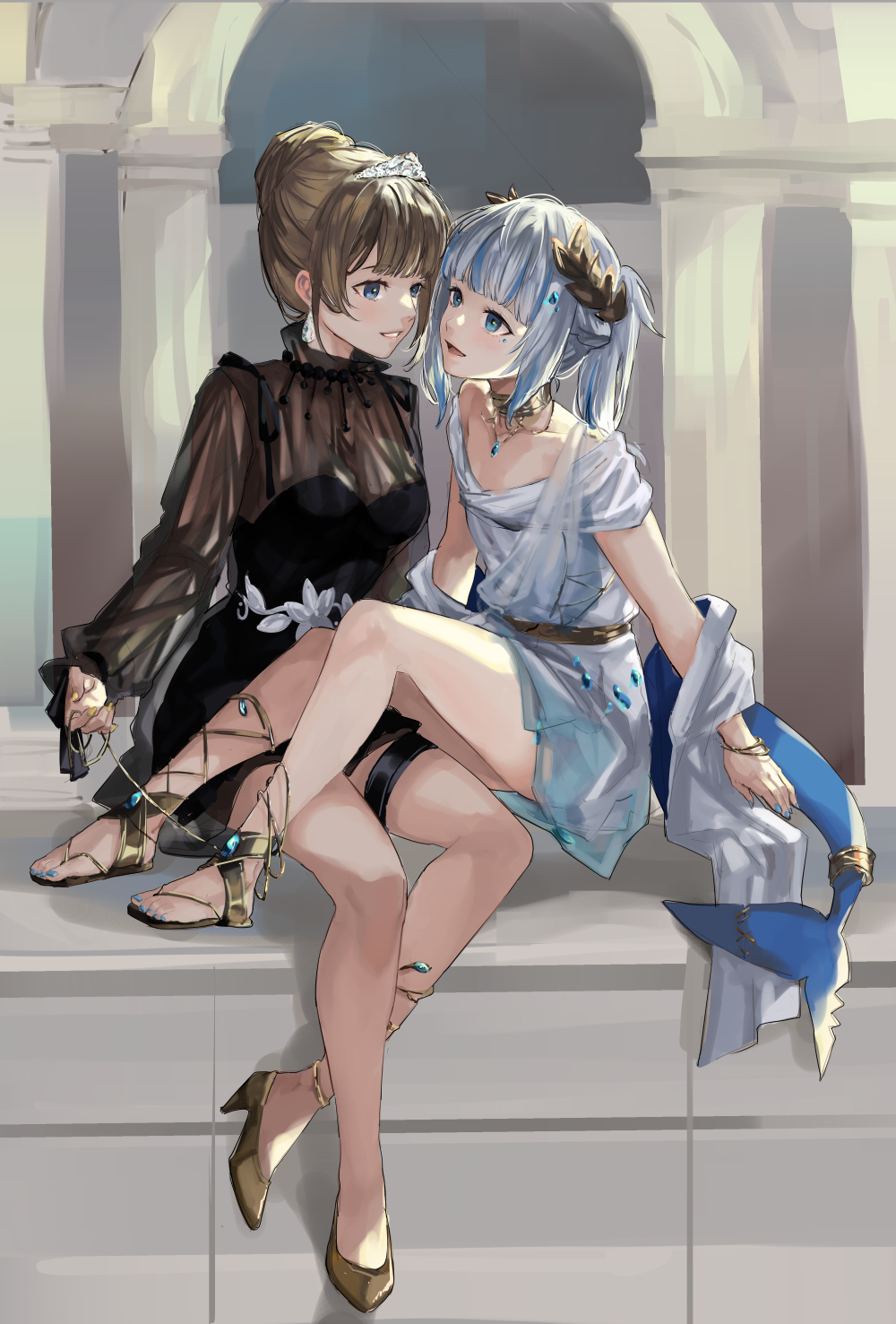 2girls barefoot_sandals blonde_hair blue_eyes braid collarbone crown_braid dress earrings fins fish_tail gawr_gura gawr_gura_(3rd_costume) gold_choker gold_footwear hair_behind_ear high_heels highres hololive hololive_english jewelry looking_at_another multiple_girls off-shoulder_dress off_shoulder official_alternate_costume open_mouth parted_lips ponytail sash saysay44444 shark_tail sitting sitting_on_lap sitting_on_person smile tail thigh_strap tiara virtual_youtuber watson_amelia watson_amelia_(3rd_costume) white_dress yuri