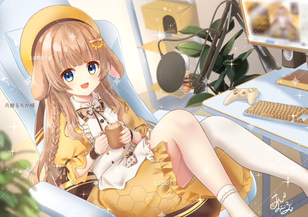 1girl :d animal_ears blue_eyes blurry blurry_foreground braid brown_hair chair controller cup dress game_controller hair_ornament indie_virtual_youtuber indoors keyboard_(computer) michiru_donut microphone monitor official_art pop_filter sample_watermark sitting smile tsukidate_ruchika virtual_youtuber watermark yellow_dress yunomi