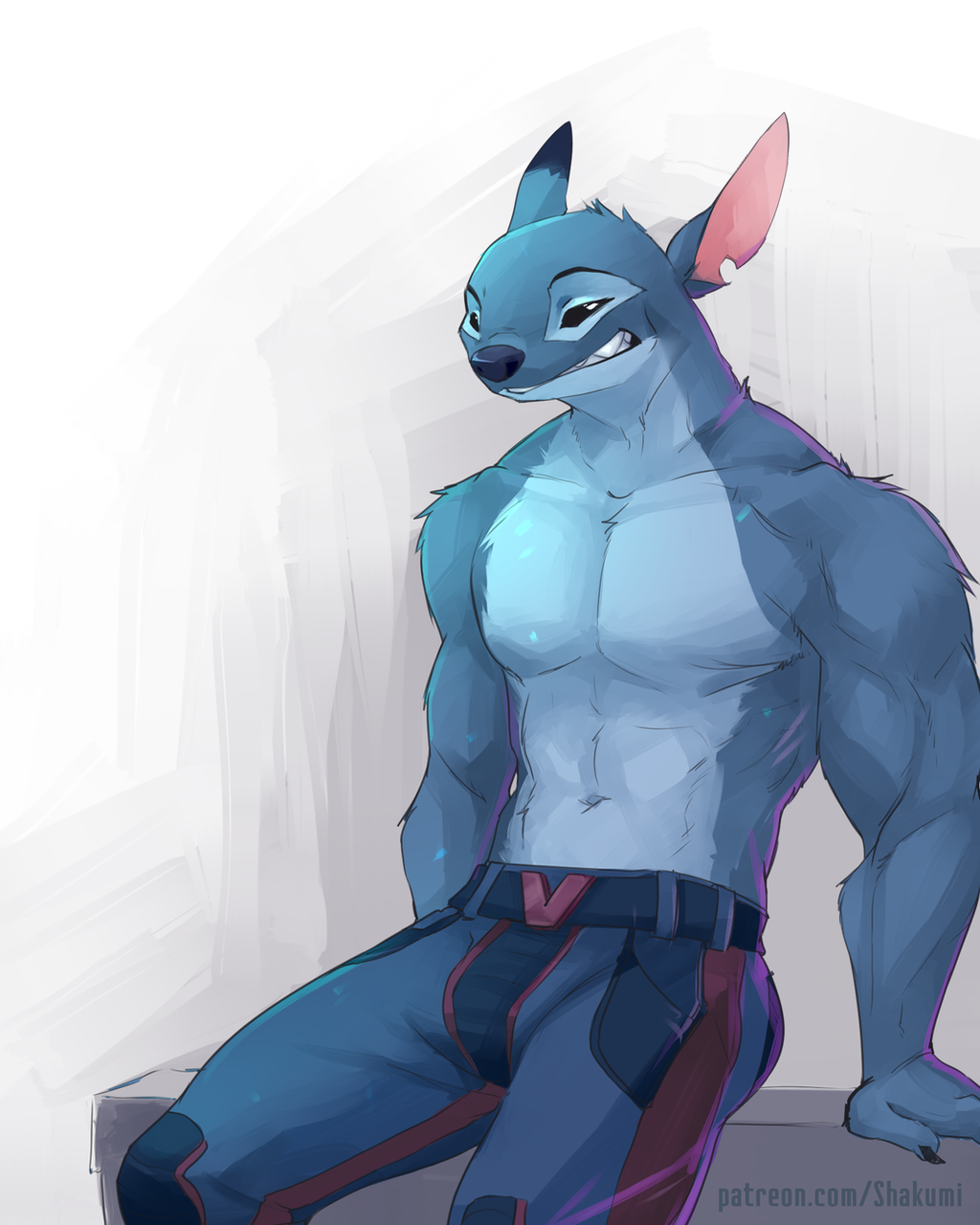 2023 4:5 alien anthro anthrofied biped black_eyes blue_body blue_fur blue_nose bottomwear clothing digital_media_(artwork) disney ear_markings experiment_(lilo_and_stitch) featureless_chest fur hi_res lilo_and_stitch male muscular muscular_anthro muscular_male navel notched_ear pants shakumi sitting smile smirk solo stitch_(lilo_and_stitch) text url