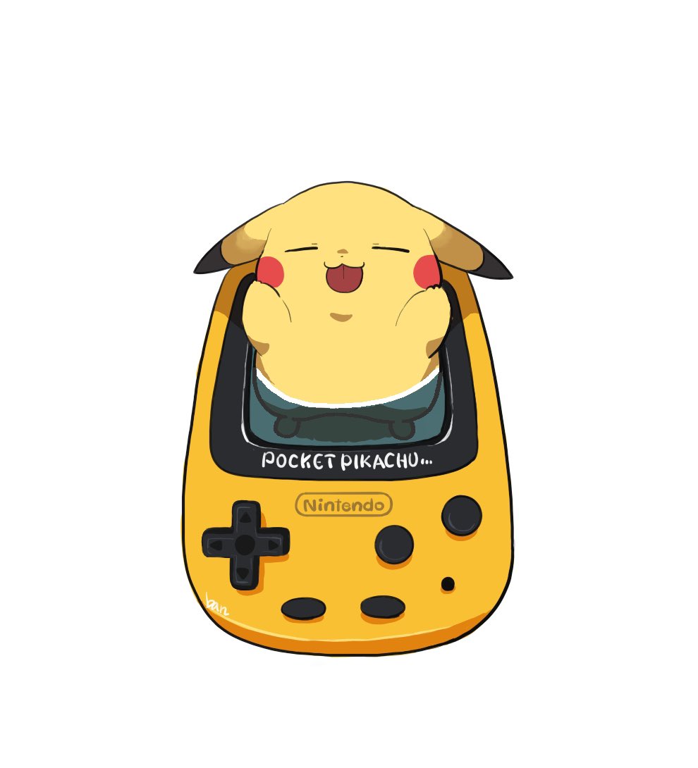 :3 ban_(ban62460424) commentary_request english_text game_boy game_boy_pocket handheld_game_console no_humans pikachu pokemon pokemon_(creature) simple_background solo white_background