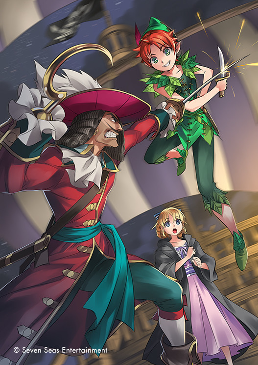 1girl 2boys blue_eyes captain_hook dress female_child green_eyes hat holding holding_knife holding_sword holding_weapon hook_hand jolly_roger knife kriss_sison male_child multiple_boys peter_pan peter_pan_(character) pink_dress pirate pirate_hat ponytail sword weapon wendy_darling