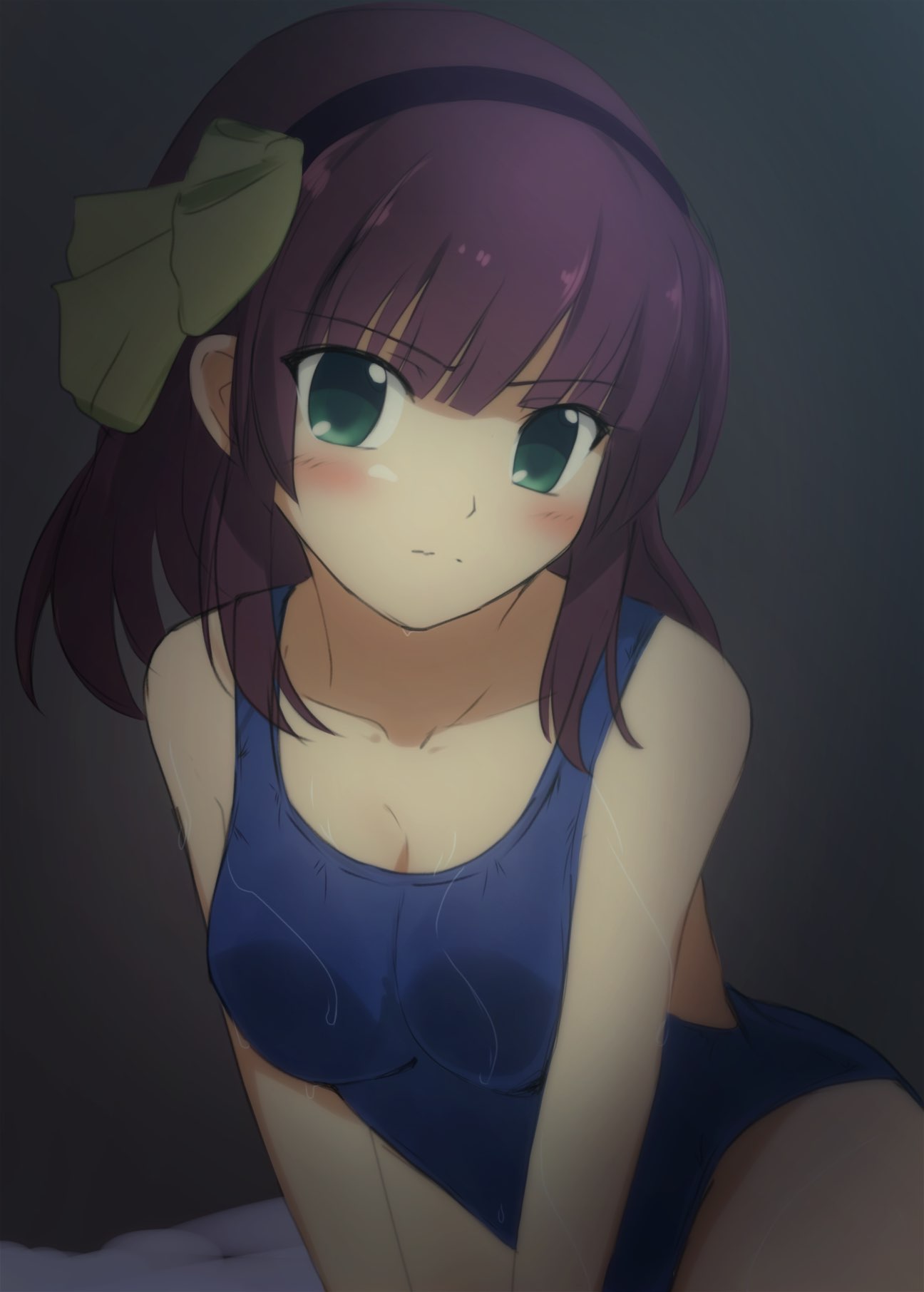 1girl alternate_costume angel_beats! black_background black_hairband blue_one-piece_swimsuit blunt_bangs blush bow breasts cleavage closed_mouth collarbone commentary cowboy_shot darkness eyes_visible_through_hair frown green_bow green_eyes hair_bow hairband head_tilt highres leaning_forward lelie_(lelie_link) looking_at_viewer medium_breasts medium_hair nakamura_yuri one-piece_swimsuit purple_hair sidelocks simple_background solo swimsuit v_arms wavy_mouth wet wet_clothes wet_swimsuit