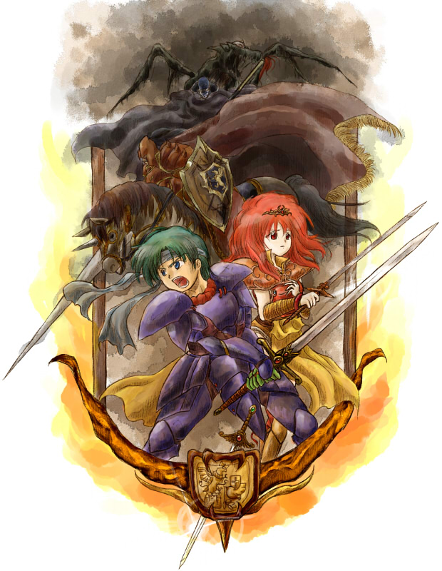 1girl 3boys alm_(fire_emblem) blue_armor celica_(fire_emblem) celica_(warrior_princess)_(fire_emblem) dragon duma_(fire_emblem) falchion_(fire_emblem) fire_emblem fire_emblem_gaiden holding holding_polearm holding_sword holding_weapon horse jedah_(fire_emblem) lance multiple_boys open_mouth polearm red-50869 red_armor red_eyes red_hair shouting sword weapon zombie_dragon