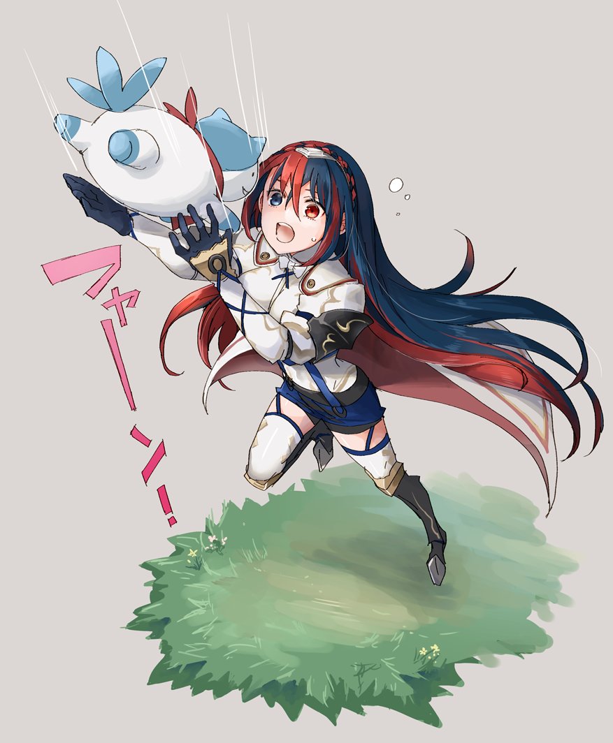 1girl alear_(female)_(fire_emblem) alear_(fire_emblem) black_gloves blue_eyes blue_hair blue_skirt braid catching crown_braid fire_emblem fire_emblem_engage from_behind garter_straps gloves grey_background heterochromia long_hair multicolored_hair open_mouth red_eyes red_hair robaco skirt sommie_(fire_emblem) split-color_hair sweat thighhighs tiara very_long_hair