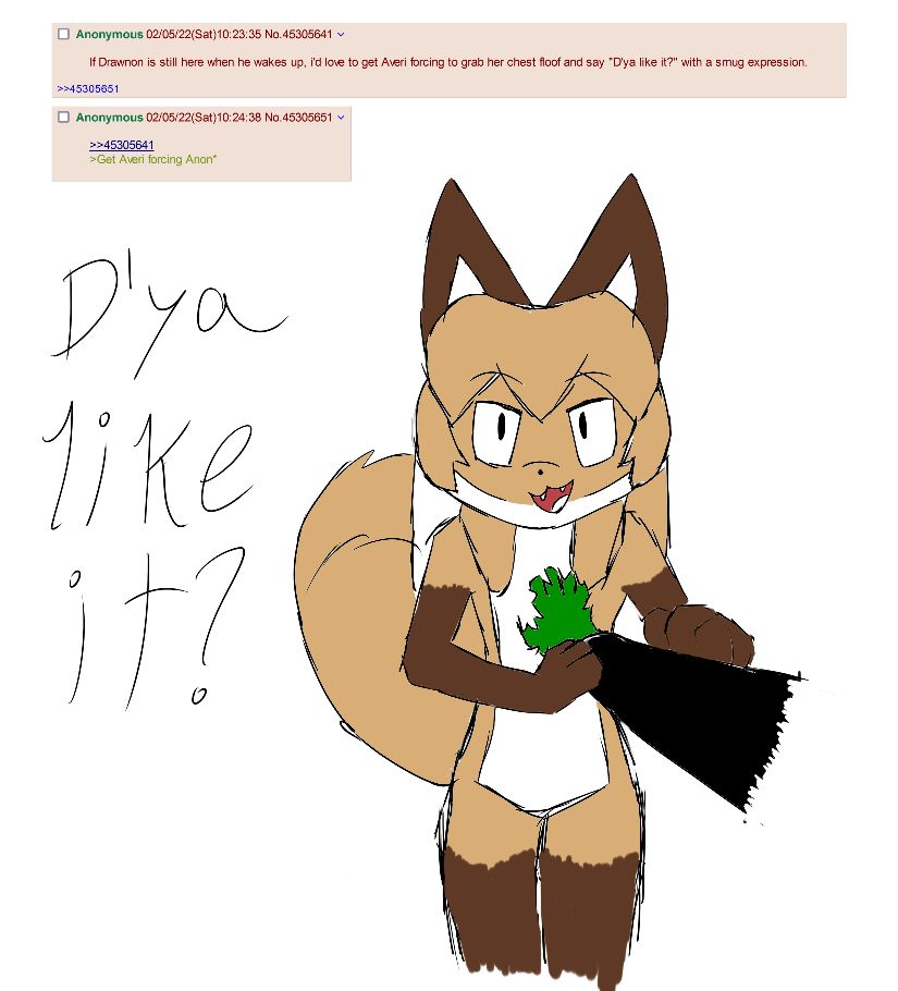 4chan anon anthro averi_(fiddleafox) brown_body brown_fur canid canine dipstick_tail duo english_text female female_anthro fox fur gloves_(marking) hair leg_markings male male/female mammal markings socks_(marking) tail tail_markings text touching_breast unknown_artist white_body white_fur