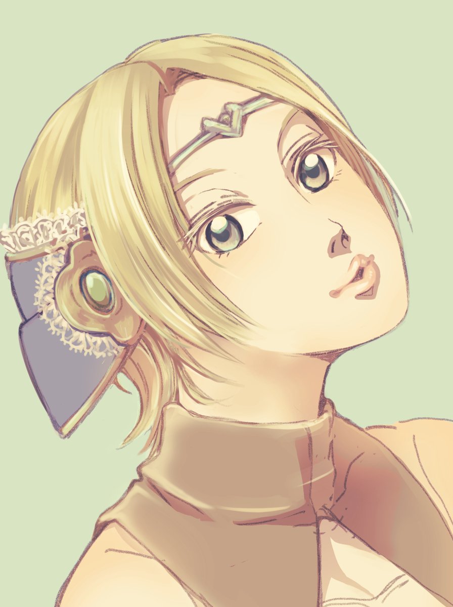 1girl blonde_hair lips looking_at_viewer meng_weyong open_mouth short_hair simple_background solo valkyrie_profile_(series)