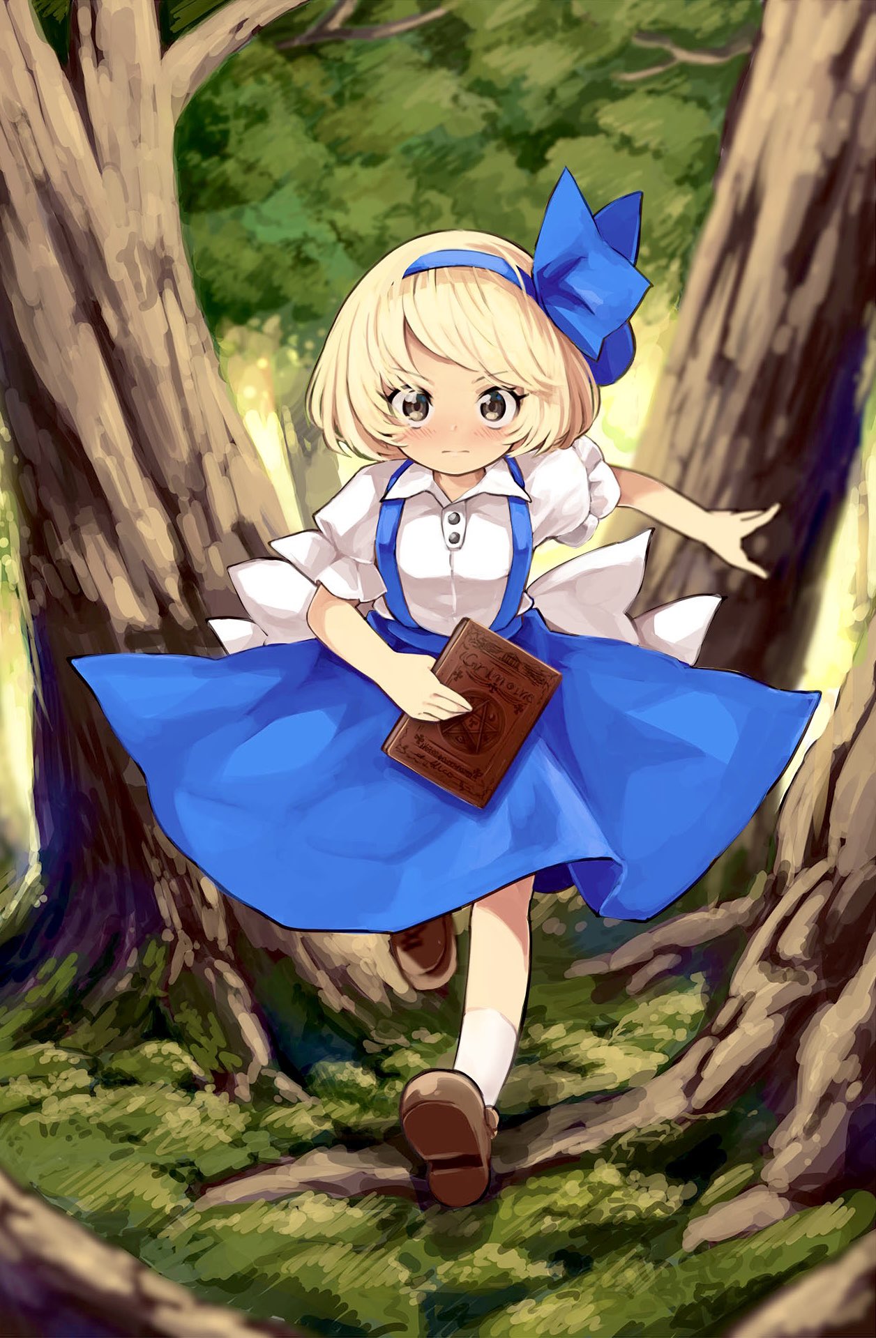 1girl alice_margatroid alice_margatroid_(pc-98) blonde_hair blue_dress book brown_footwear dress full_body highres holding holding_book running short_hair solo tatuhiro touhou touhou_(pc-98) tree yellow_eyes