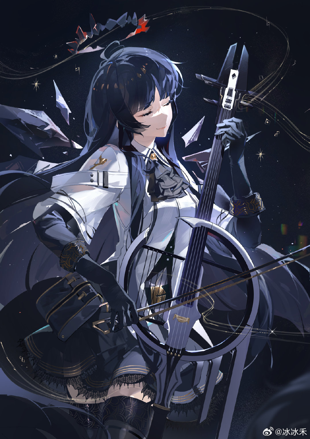 1girl antenna_hair arknights artist_name ascot belt belt_buckle belt_pouch black_ascot black_background black_belt black_bustier black_garter_straps black_gloves black_hair black_halo black_pouch black_skirt black_thighhighs black_wings blunt_bangs bow_(music) breasts broken_halo buckle bustier buttons cello chinese_text closed_eyes closed_mouth collared_jacket colored_inner_hair commentary cowboy_shot dark_halo detached_wings dress_shirt energy_wings ershuihe eyelashes facing_ahead floating_hair from_side garter_straps glint gloves grey_hair grey_shirt halo hand_up highres hime_cut holding holding_bow_(music) holding_instrument holding_violin instrument jacket layered_sleeves light_particles light_smile lips long_hair long_sleeves medium_breasts miniskirt mole mole_under_eye multicolored_hair music pale_skin playing playing_instrument pleated_skirt pouch shade shirt short_over_long_sleeves short_sleeved_jacket short_sleeves sidelocks skirt solo sparkle staff_(music) standing symbol-only_commentary thighhighs two-tone_hair very_long_hair violin virtuosa_(arknights) watermark weibo_logo weibo_username white_belt white_jacket wide_sleeves wing_collar wings zettai_ryouiki