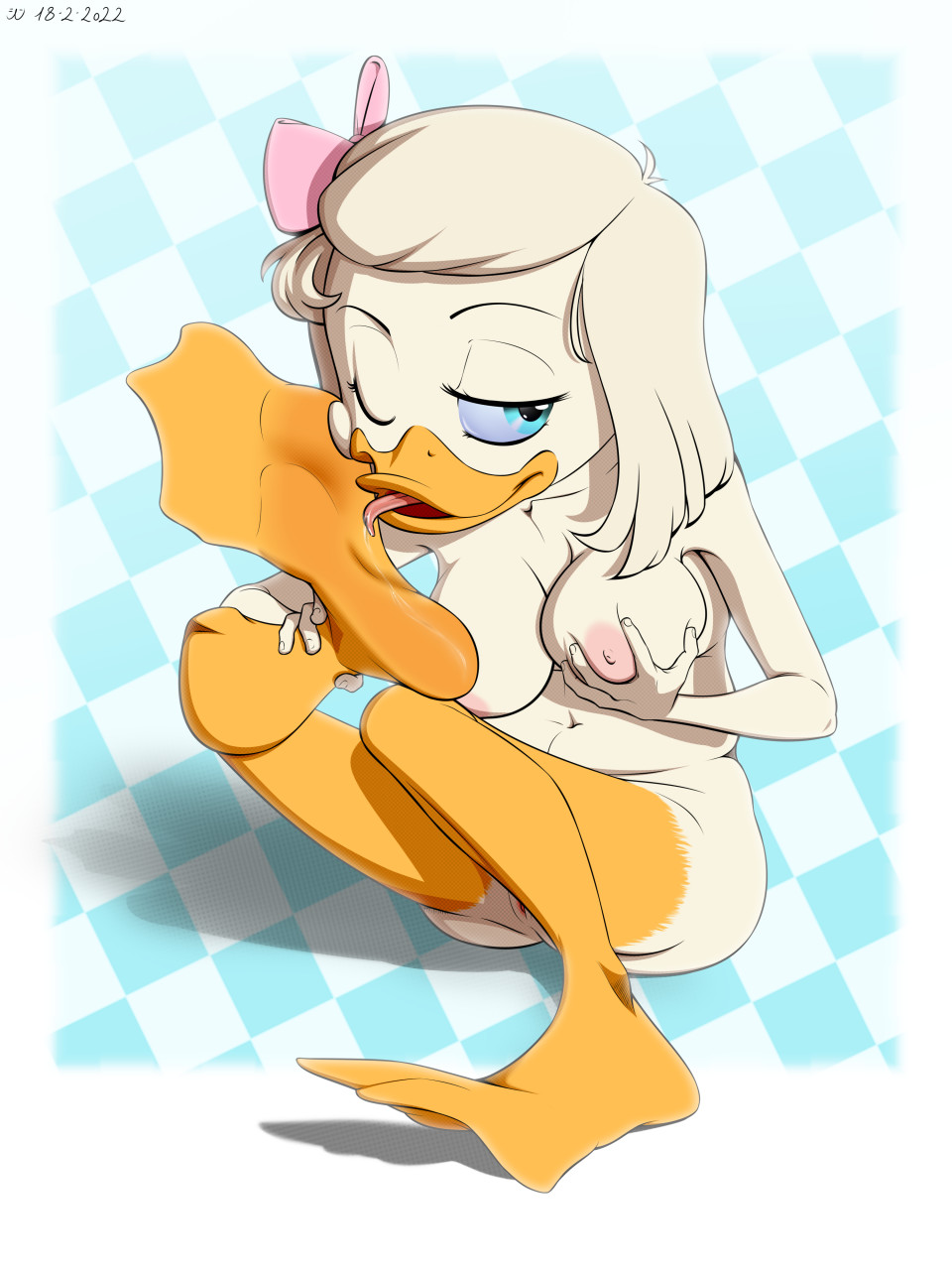 2022 3:4 4_fingers accessory anatid anseriform anthro areola avian barefoot barely_visible_genitalia barely_visible_pussy beak big_breasts bird blue_eyes bow_(feature) bow_accessory bow_ribbon breast_grab breasts cleavage clothed clothing dated digital_media_(artwork) disney duck ducktales eyebrows eyelashes feet female fingers foot_fetish foot_focus foot_grab foot_lick foot_play genitals grin hair hair_accessory hair_bow hair_ribbon hand_on_breast hi_res licking membrane_(anatomy) navel nipples nude one_eye_closed open_mouth pink_areola pink_hair_bow pink_nipples pussy ribbons shintei smile solo toes tongue tongue_out webbed_feet webby_vanderquack white_body white_hair wink