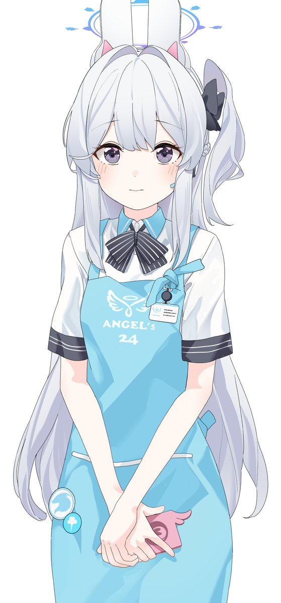 1girl angel's_24_uniform_(blue_archive) apron black_bow black_bowtie blue_apron blue_archive blue_halo blush bow bowtie cellphone closed_mouth collared_shirt grey_hair hair_between_eyes halo holding holding_phone long_hair looking_at_viewer miyako_(blue_archive) mizo one_side_up phone polo_shirt purple_eyes shirt simple_background smartphone solo white_background white_shirt