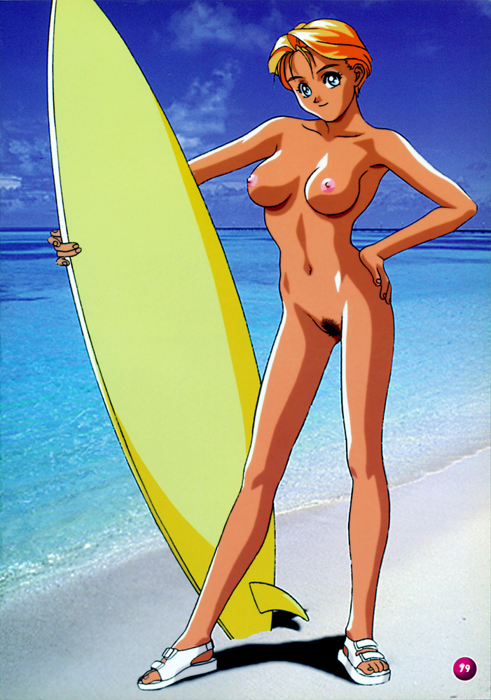 1990s_(style) azato_miwa beach blonde_hair blue_eyes breasts dark_skin day female_pubic_hair full_body hand_on_own_hip holding holding_surfboard large_breasts looking_at_viewer mixed_media navel nipples non-web_source nude ocean official_art outdoors photo_background pubic_hair retro_artstyle sand sandals short_hair smile standing surfboard white_footwear yamada_masaki zenkoku_seifuku_bishoujo_grand_prix