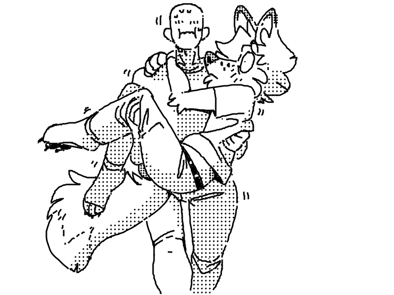 anon anthro bottomwear bridal_carry canid canine canis carrying carrying_another claws clothing conner_(sketchytoasty) digital_drawing_(artwork) digital_media_(artwork) duo feet human human_on_anthro interspecies interspecies_relationship male male/male mammal monochrome pants shirt sketch sketchytoasty struggling toes topwear wide_eyed wolf