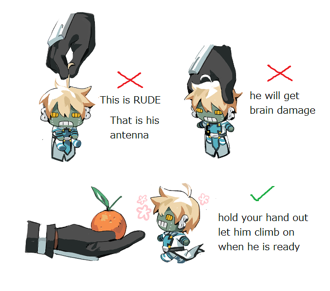 black_gloves blonde_hair checkmark clothed_robot disembodied_limb english_text food fruit gloves guilty_gear guilty_gear_xrd guilty_gear_xx how_to_hold_x_(meme) humanoid_robot key_in_head lifting_person long_sleeves male_focus meme metal_skin mini_person miniboy object_through_head orange_(fruit) robo-ky robot short_hair sorrysap squeezing winding_key x
