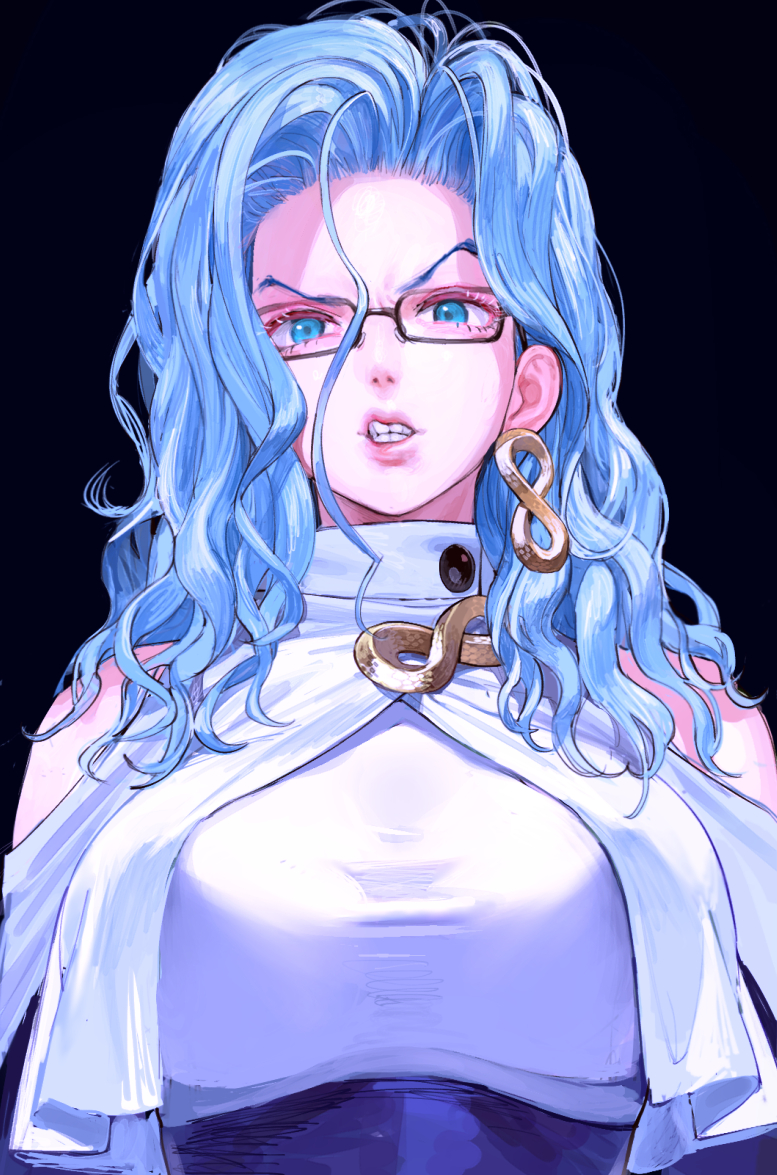 1girl black-framed_eyewear black_background blue_eyes blue_hair breast_curtains breasts clenched_teeth clothing_cutout conto earrings glasses jewelry large_breasts long_hair one-punch_man ouroboros psychos raised_eyebrow shirt shoulder_cutout simple_background solo teeth upper_body wavy_hair white_shirt