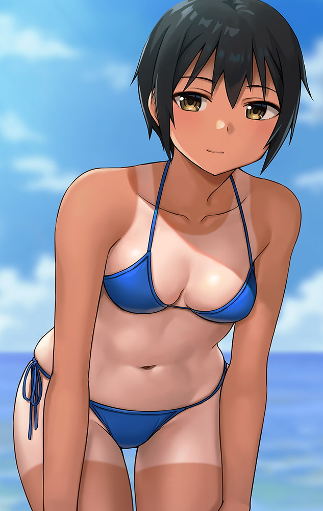 1girl abs beach bikini black_hair blue_bikini breasts brown_eyes closed_mouth collarbone commentary_request hashi leaning_forward looking_at_viewer medium_breasts navel original short_hair simple_background smile solo swimsuit tan tanlines tomboy