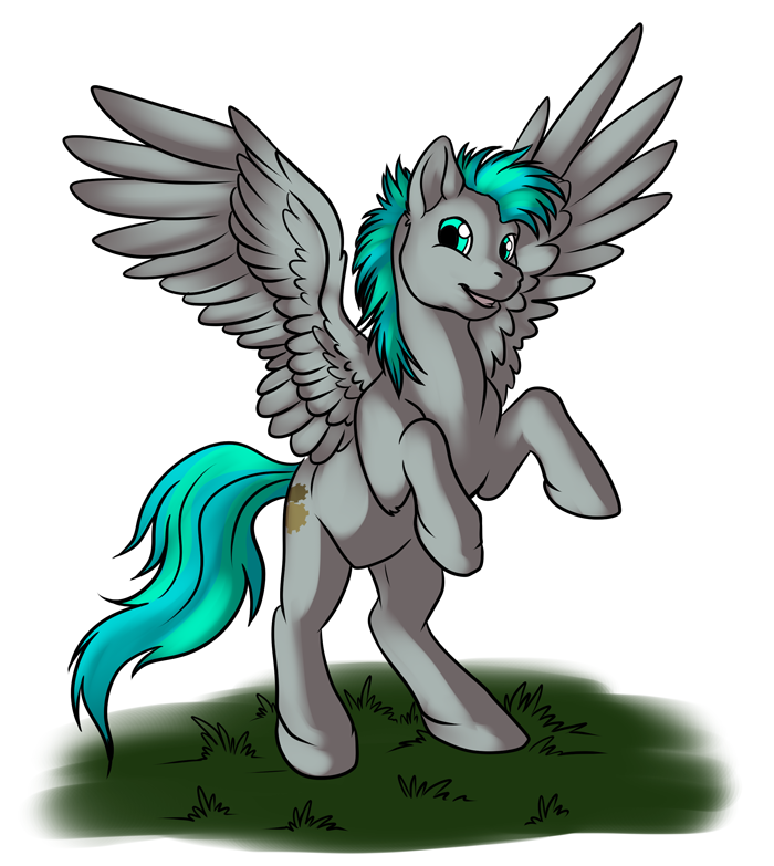 2014 cutie_mark dark_natasha equid equine feathered_wings feathers feral foxenawolf fur goldfur's_cogsverse green_eyes green_hair green_tail grey_body grey_fur hair hasbro hooves male mammal my_little_pony pegasus simple_background solo spread_wings tail whirring_cogs white_background wings