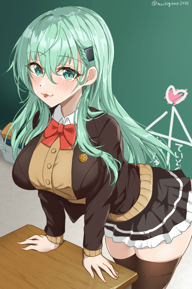 1girl aqua_eyes aqua_hair ascot blazer blush breasts brown_jacket brown_skirt brown_thighhighs cardigan chalkboard chamumi_(mochiumee) classroom desk green_eyes hair_between_eyes hair_ornament hairclip highres jacket kantai_collection large_breasts long_hair looking_at_viewer orange_ascot pleated_skirt school_desk school_uniform skirt smile solo suzuya_(kancolle) suzuya_kai_ni_(kancolle) thighhighs