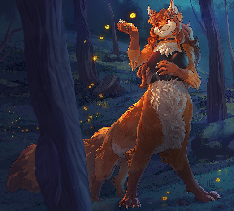 2021 black_blouse black_clothing black_topwear blouse bottomless bottomless_female bottomless_taur canid canid_taur canine canine_taur chest_tuft claws clothed clothing deesketchs digital_media_(artwork) digital_painting_(artwork) eyebrows female finger_claws fluffy_chest fox fox_taur grass hair light mammal mammal_taur night orange_hair outside plant red_eyes rock shaded soft_shading solo standing taur topwear topwear_only tree tree_stump tuft watermark white_claws white_finger_claws