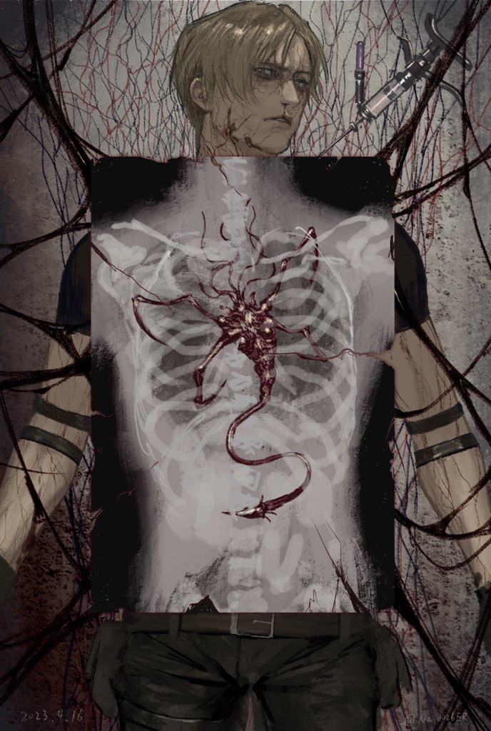 1boy bleeding blood blood_on_face brown_hair curtained_hair frown las_plagas leon_s._kennedy mrs.yega_(nai0026er) nosebleed parasite parted_lips resident_evil resident_evil_4 resident_evil_4_(remake) solo syringe veins x-ray