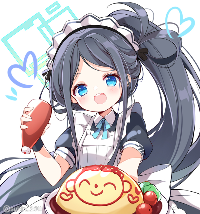 1girl :d apron aris_(blue_archive) aris_(maid)_(blue_archive) arona's_sensei_doodle_(blue_archive) black_hair blue_archive blue_bow blue_bowtie blue_eyes bottle bow bowtie cameo commentary_request food forehead frilled_apron frills halo holding holding_bottle ketchup ketchup_bottle long_hair looking_at_viewer maid maid_apron maid_headdress official_alternate_costume official_alternate_hairstyle omelet omurice parted_bangs sensei_(blue_archive) short_sleeves side_ponytail sidelocks simple_background smile solo subin_(subin_2011) white_background wristband