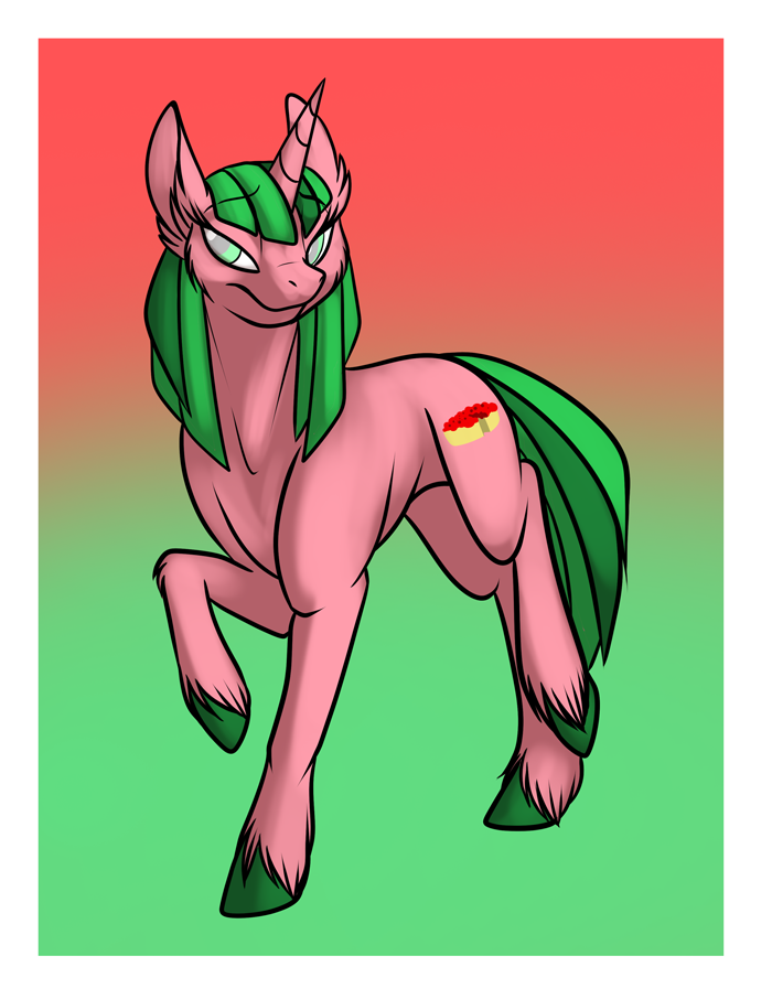 border cherry_delight_(goldfur) cutie_mark equid equine female feral fetlocks foxenawolf fur goldfur's_cogsverse gradient_background green_eyes green_hair green_hooves green_tail hair half-closed_eyes hasbro hooves horn looking_at_viewer mammal my_little_pony narrowed_eyes pink_body pink_fur simple_background solo tail unicorn white_border