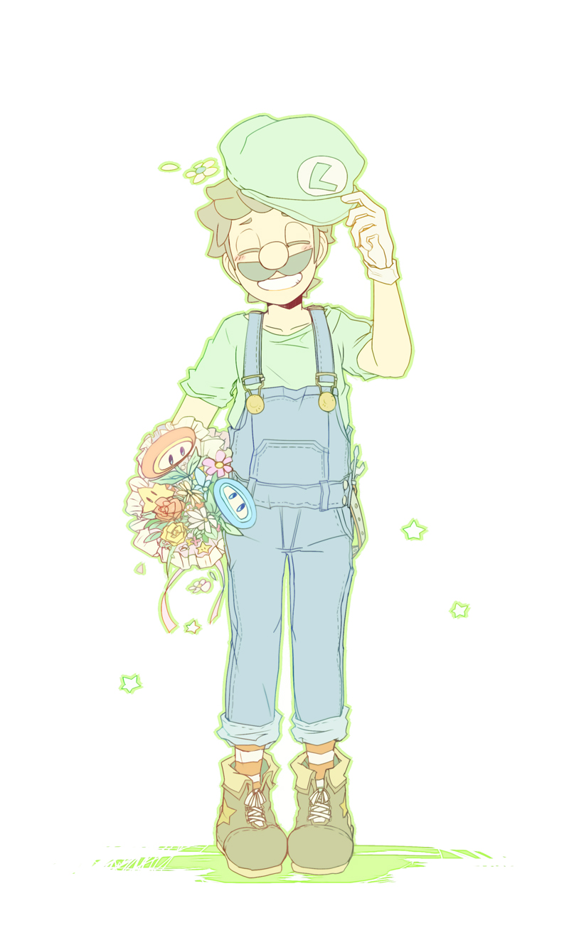 1boy blue_flower blue_overalls blue_pants blush boots bouquet brown_footwear brown_hair buttons closed_eyes commentary_request facial_hair fire_flower flower full_body gloves green_headwear green_outline green_shirt grin hand_up hat hat_removed headwear_removed highres holding holding_bouquet holding_clothes holding_hat ice_flower kayako_(bimabima) luigi male_focus mario_(series) mustache outline overalls pants pink_flower raised_eyebrows red_flower shirt short_hair short_sleeves simple_background smile socks solo standing star_(symbol) starman_(mario) striped striped_socks teeth white_background white_flower white_gloves yellow_flower
