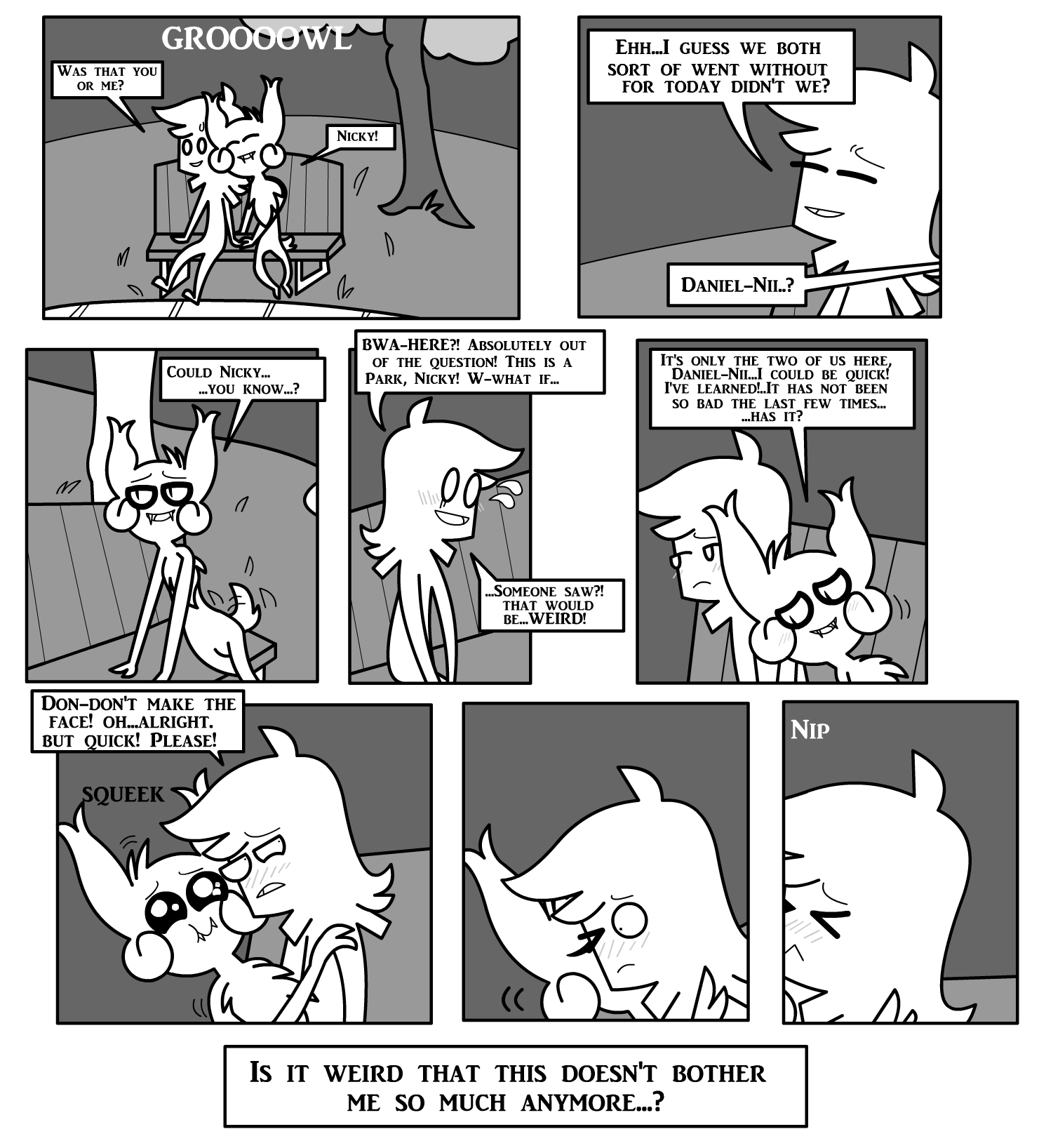 &gt;_&lt; ambiguous_gender anthro bat bench blush blush_lines bodily_fluids border comic daniel_toke dialogue duo embarrassed english_text eyes_closed fangs frown grass greyscale happy hi_res human iconography looking_at_another looking_away male male/ambiguous mammal monochrome motion_lines narrowed_eyes nicky_(abfmh) night on_bench one_eye_closed outside overbite plant shane_frost sitting smile sound_effects speech_bubble squeaking sweat sweatdrop tail tail_motion tailwag teeth text tree white_border