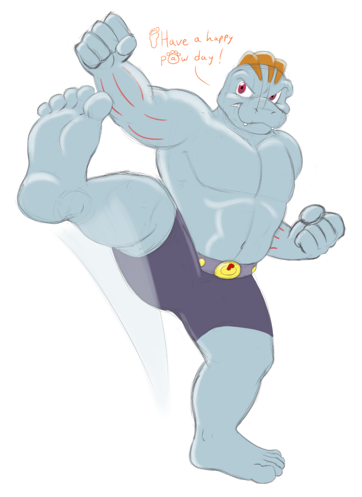 2023 5_fingers 5_toes abs ambiguous_gender anthro barefoot belt blue_body blue_bottomwear blue_clothing blue_shorts bottomwear clothed clothing dialogue feet fight fighting_pose fingers fist full-length_portrait furshinku generation_1_pokemon guide_lines humanoid_feet humanoid_hands machoke muscular muscular_ambiguous muscular_anthro navel nintendo pants paw_day pecs plantigrade pokemon pokemon_(species) portrait pose red_eyes shorts simple_background smile smiling_at_viewer snout soles solo standing toes topless topless_ambiguous topless_anthro white_background