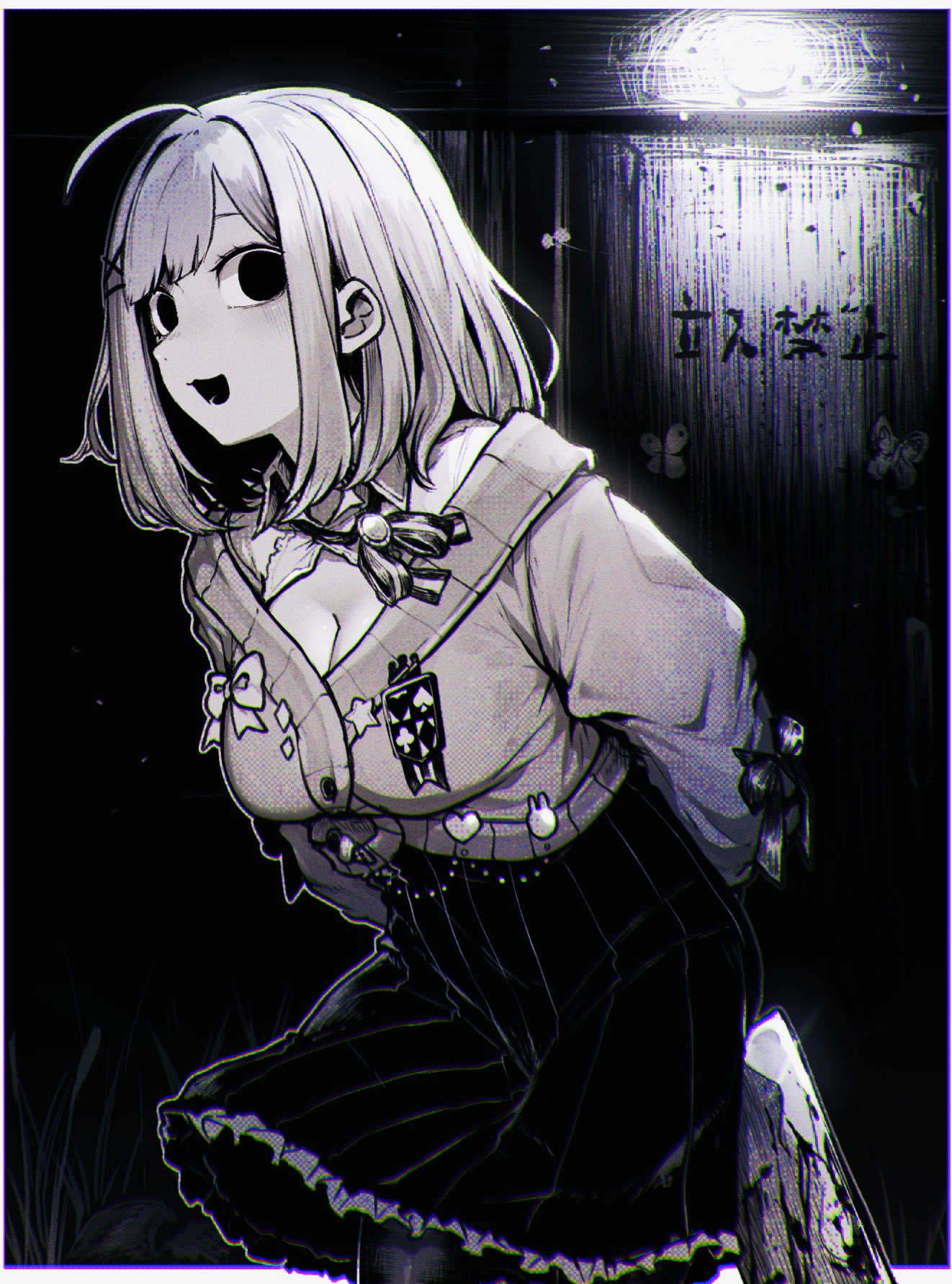 :3 ahoge arms_behind_back black_eyes blood blood_on_weapon bloodborne blush border bow breasts brooch bug butterfly buttons cardigan chromatic_aberration cleavage collared_shirt cowboy_shot dark empty_eyes eyelashes film_grain frilled_skirt frills from_side greyscale hair_intakes hair_ornament hatching_(texture) hatyuuruinohito high-waist_skirt highres holding holding_weapon jewelry leaning_forward light light_bulb long_sleeves looking_back medium_hair medium_skirt monochrome neck_ribbon nijisanji open_mouth outline outside_border pantyhose parted_bangs pixels puffy_long_sleeves puffy_sleeves raised_eyebrows ribbon saw_cleaver shirt sidelocks skirt smile standing star_(symbol) suzuhara_lulu translation_request unbuttoned unbuttoned_shirt undone_neck_ribbon virtual_youtuber weapon white_border white_outline wing_collar x_hair_ornament