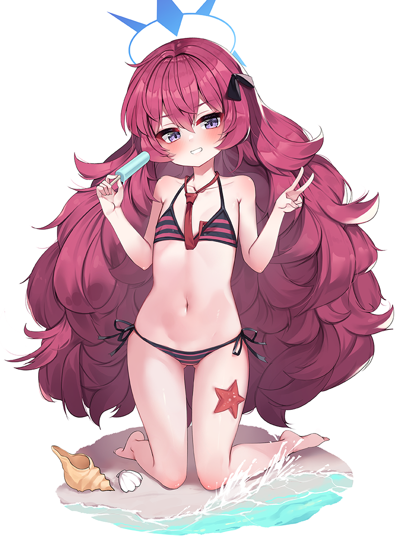 1girl 2drr ass_visible_through_thighs bare_arms bare_legs bare_shoulders barefoot big_hair bikini black_ribbon blue_archive blush commentary_request conch flat_chest food full_body grin hair_between_eyes hair_ribbon halo head_tilt holding holding_food iroha_(blue_archive) kneeling long_hair navel necktie paid_reward_available popsicle purple_eyes red_hair red_necktie revision ribbon seashell shell side-tie_bikini_bottom simple_background smile solo starfish striped striped_bikini swimsuit very_long_hair water white_background