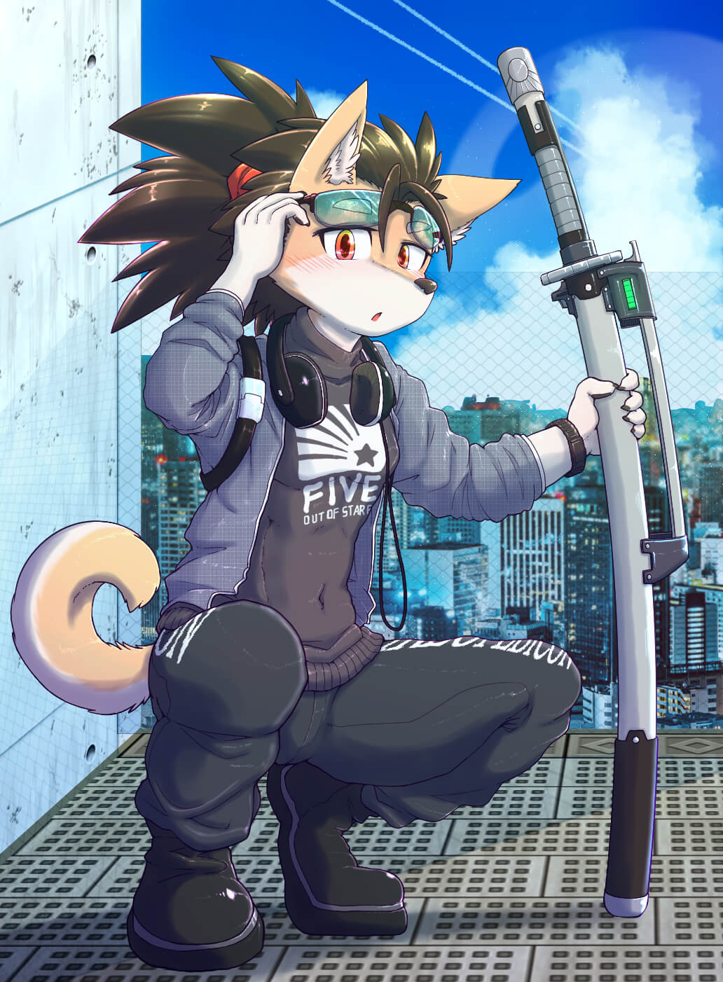 canid canine canis city city_background clothed clothing cloudscape domestic_dog fan_character fur hair hi_res male mammal noboru_(youzin) samurai sky solo warrior youzin