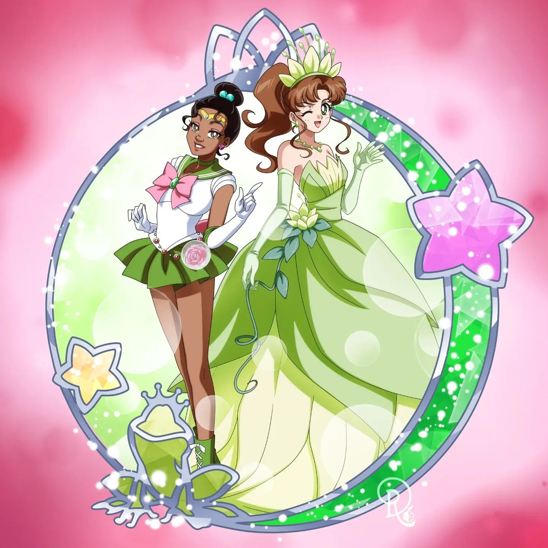 2girls back_bow bare_shoulders bishoujo_senshi_sailor_moon black_hair bow brown_hair choker commission cosplay costume_switch crescent crown dark-skinned_female dark_skin disney drachea_rannak dress english_commentary evening_gown frog gloves green_choker green_dress green_gloves green_sailor_collar hair_bun jewelry kino_makoto looking_at_viewer magical_girl miniskirt multiple_girls necklace one_eye_closed pink_background pink_bow pleated_skirt ponytail rose_belt_(sailor_moon) sailor_collar sailor_jupiter sailor_jupiter_(cosplay) sailor_senshi_uniform skirt star_(symbol) the_princess_and_the_frog tiana_(the_princess_and_the_frog) tiana_(the_princess_and_the_frog)_(cosplay) tiara trait_connection water_lily_flower white_gloves