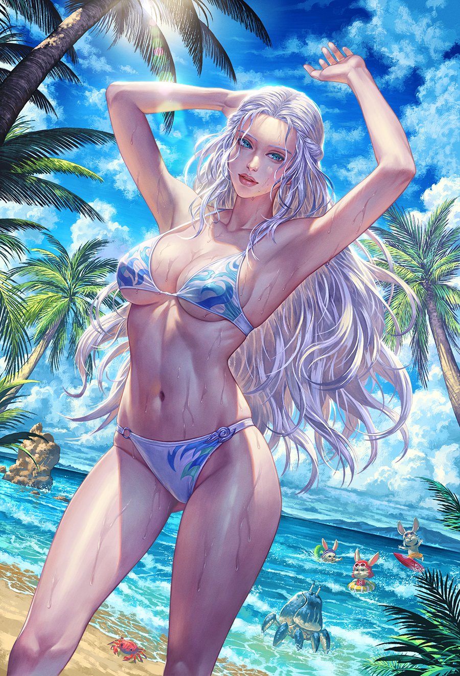 1girl arina_nary armpits arms_up ass_visible_through_thighs beach bikini breasts cleavage crab final_fantasy final_fantasy_xiv highres long_hair loporrit navel ocean palm_tree rock sand standing stomach sunlight swimsuit toned tree venat_(ff14) very_long_hair water waves wet white_hair