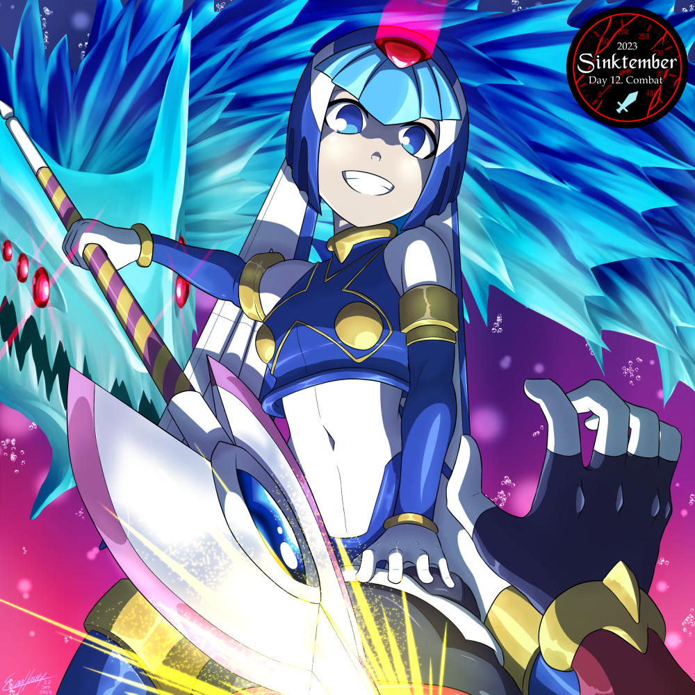 1boy 1girl android artist_name attack blue_eyes blurry blurry_background breasts bubble clenched_teeth crop_top dated day dragon english_commentary english_text feet_out_of_frame gloves hand_on_another's_crotch head_out_of_frame helmet holding holding_polearm holding_weapon ice ice_dragon leviathan_(mega_man) looking_at_viewer lying mega_man_(series) mega_man_zero_(series) open_mouth polearm red_eyes robot robot_girl signature spear straddling teeth thighhighs underwater upper_body user_hnyw5285 water weapon white_gloves zero(z)_(mega_man) zero_(mega_man)