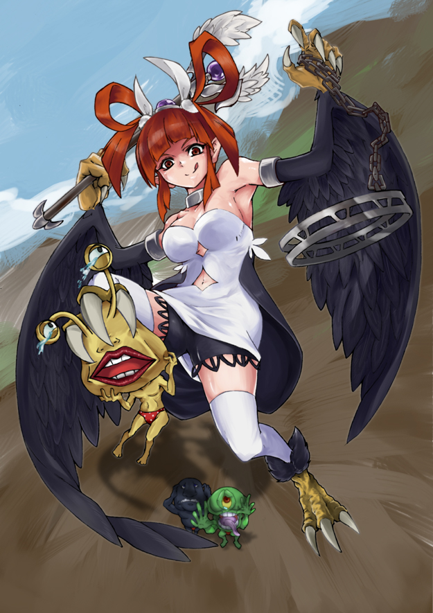 1girl bare_shoulders black_wings breasts chain character_request claws clothing_cutout collar commentary_request dress duel_monster feathered_wings feathers foot_hold hair_rings harpie_channeler harpy holding holding_chain holding_staff ien large_breasts long_hair monster_girl navel navel_cutout orange_eyes orange_hair pointy_ears shorts_under_dress staff talons thighhighs tongue tongue_out twintails white_dress white_thighhighs winged_arms wings yu-gi-oh!