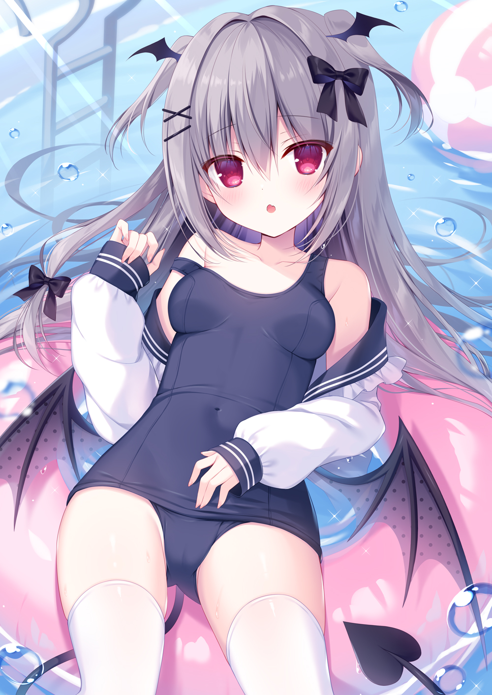 1girl ball bare_shoulders beachball black_bow black_sailor_collar blue_one-piece_swimsuit bow breasts collarbone commentary_request demon_girl demon_tail demon_wings fang grey_hair hair_between_eyes hair_bow hair_intakes hasune head_wings highres innertube long_hair long_sleeves looking_at_viewer low_wings off_shoulder old_school_swimsuit one-piece_swimsuit open_clothes open_mouth open_shirt original pink_wings pool pool_ladder puffy_long_sleeves puffy_sleeves red_eyes sailor_collar school_swimsuit school_uniform serafuku shirt sleeves_past_wrists small_breasts strap_slip swimsuit swimsuit_under_clothes tail thighhighs two_side_up very_long_hair water white_shirt white_thighhighs wings