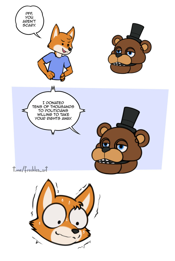 3_panel_comic animatronic anthro bear bodily_fluids canid canine cheek_tuft clothing dialogue dot_eyes duo english_text facial_tuft five_nights_at_freddy's fox freckles_(artist) freddy_(fnaf) fur hat headgear headwear humor machine male mammal multicolored_body multicolored_fur open_mouth open_smile orange_body orange_fur robot scottgames shirt simple_background smile speech_bubble sweat sweatdrop t-shirt tan_body tan_fur text top_hat topwear tuft two_tone_body two_tone_fur wide_eyed