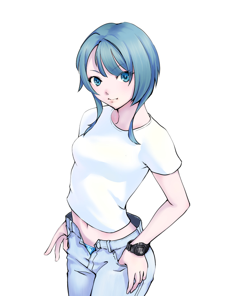 1girl aizawa_kazuha assault_lily blue_eyes blue_hair blue_panties breasts closed_mouth cowboy_shot grey_pants looking_at_viewer medium_breasts medium_hair midriff navel nenshuu5man open_pants panties pants panty_peek pocket shirt short_sleeves simple_background solo standing thumb_in_pocket underwear watch white_background white_shirt wristwatch