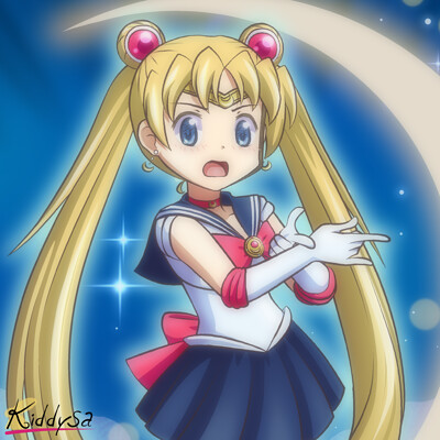 1girl aoki_ume_(style) bishoujo_senshi_sailor_moon black_hair blonde_hair blue_eyes gloves hand_gesture kiddysa long_hair lowres non-web_source open_mouth ribbon school_uniform serafuku tsukino_usagi white_gloves