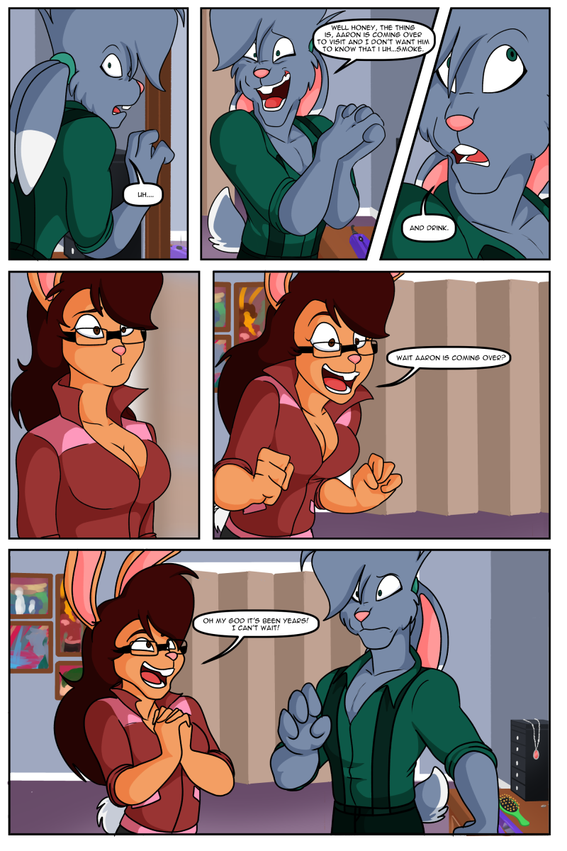 anthro bedroom breasts brown_hair chance_the_rabbit cleavage clothed clothing comic divine_acid ears_tied_back eyewear female glasses green_clothing hair hi_res lagomorph leporid lordmarukio male mammal nervous rabbit series speech_bubble suspenders text