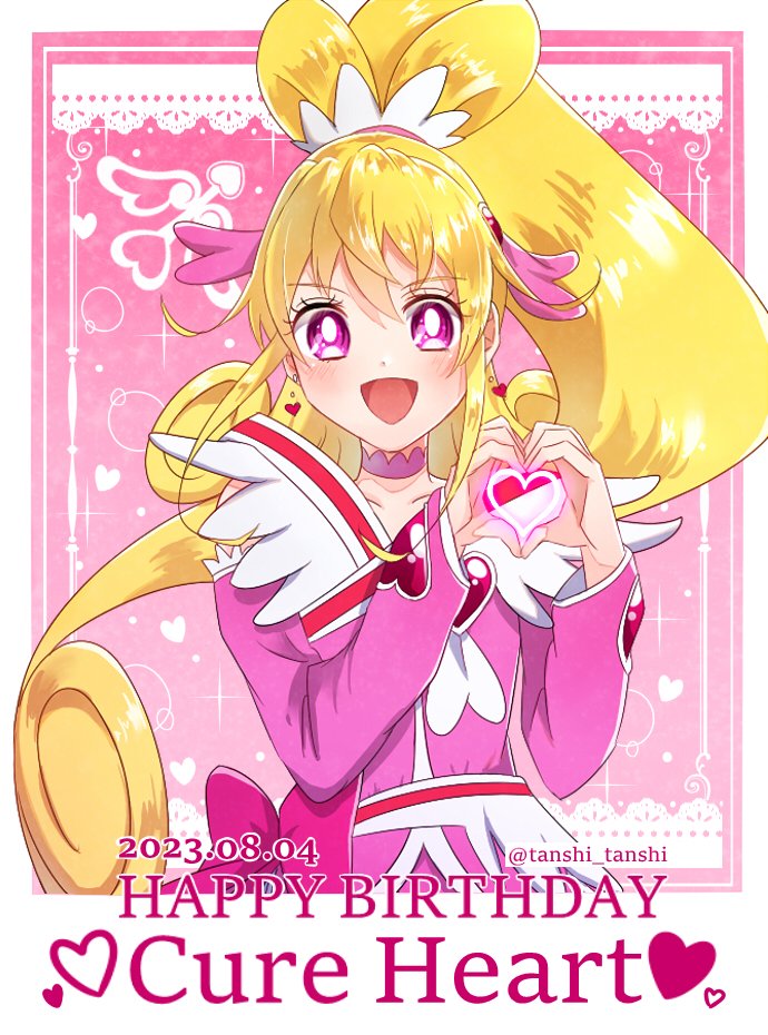 1girl aida_mana birthday blonde_hair bow brooch character_name choker cure_heart dokidoki!_precure hair_ornament heart heart_brooch heart_hair_ornament heart_hands high_ponytail jewelry long_hair magical_girl open_mouth pink_background pink_bow pink_choker pink_eyes pink_hair pink_sleeves ponytail precure smile tanshi_tanshi twitter_username upper_body waist_bow wide_ponytail